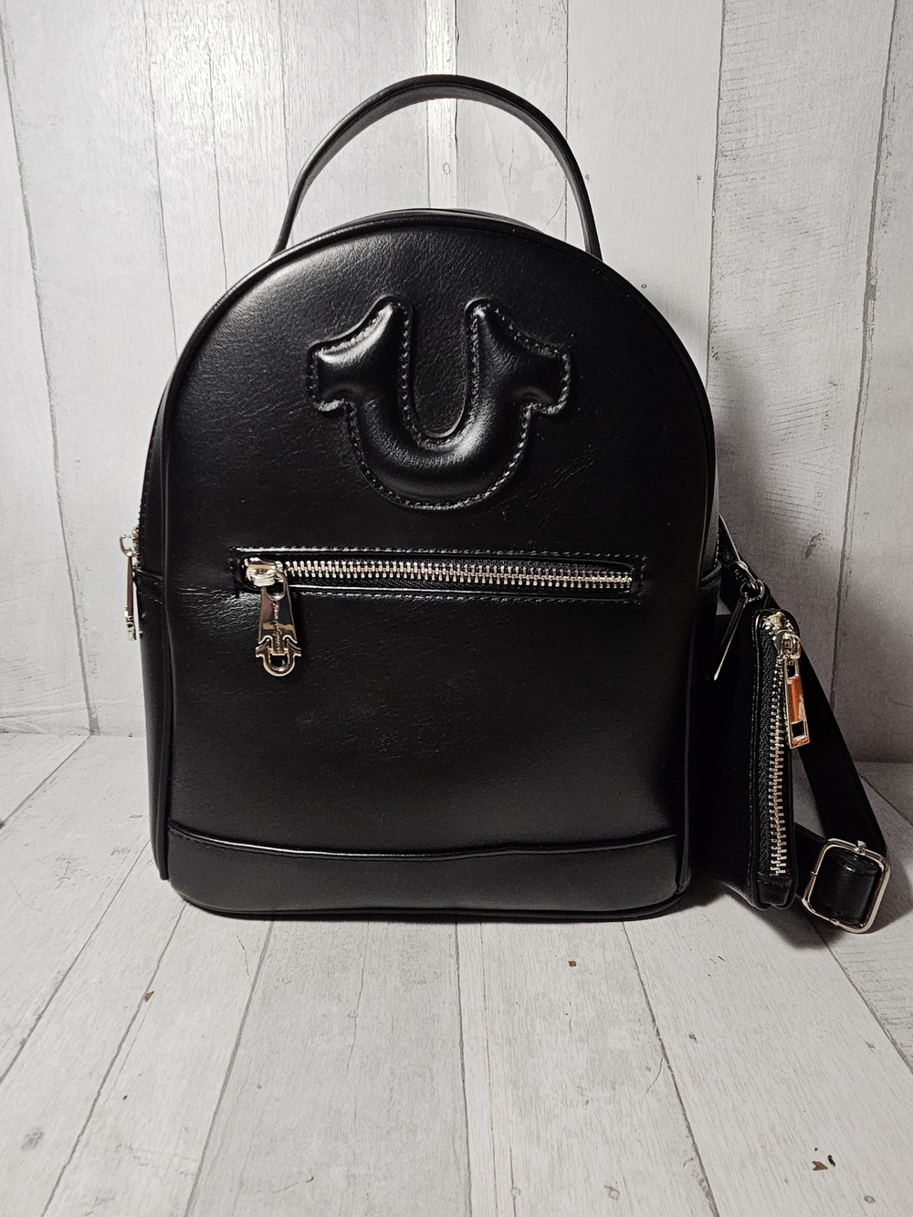 True Religion Horseshoe Motif Mini Backpack Wallet Set Silver Hardware Black